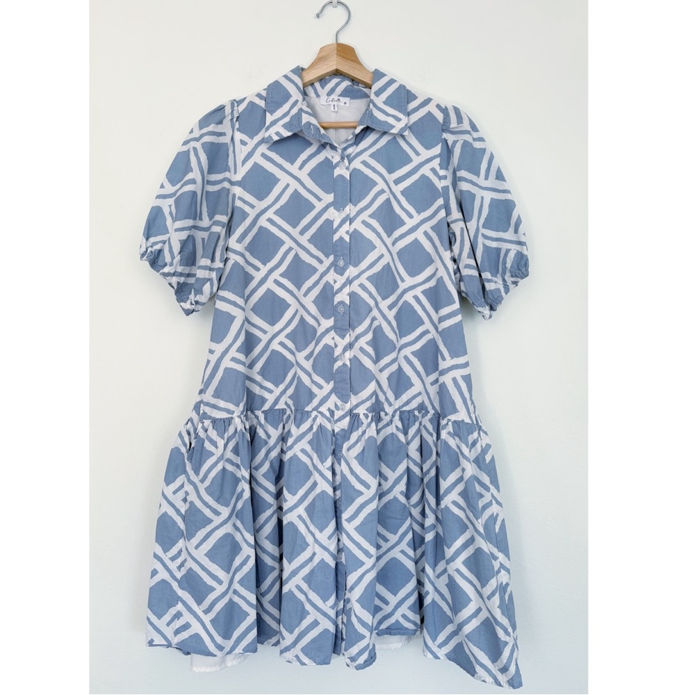Calista || Tiered Mini‎ Dress Preppy Lattice Trellis Blue Medium